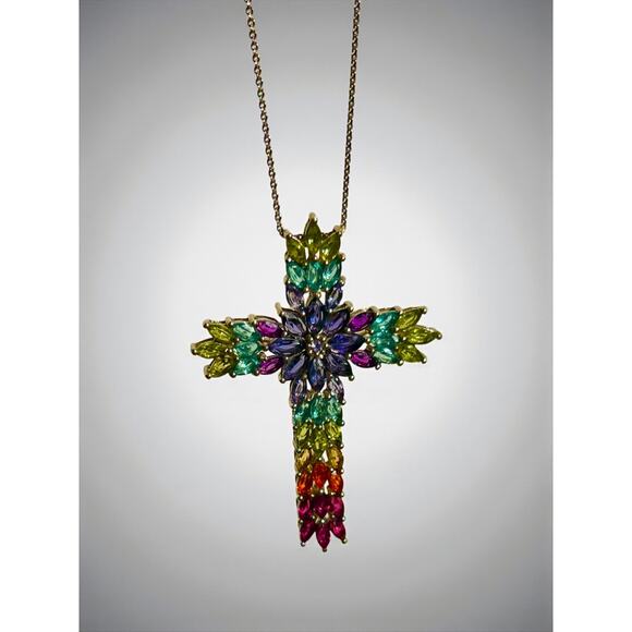 D'Joy Sterling Silver Multi Gemstone Cross Pendant-20'' Italy Chain-Rainbow-Bold - Picture 7 of 10